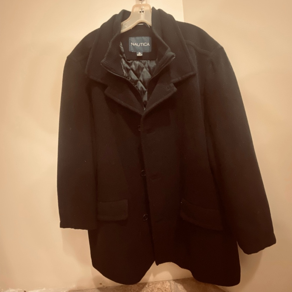 Men’s Nautica Zipper and Single Breast Button Black Wool Pea Coat XL